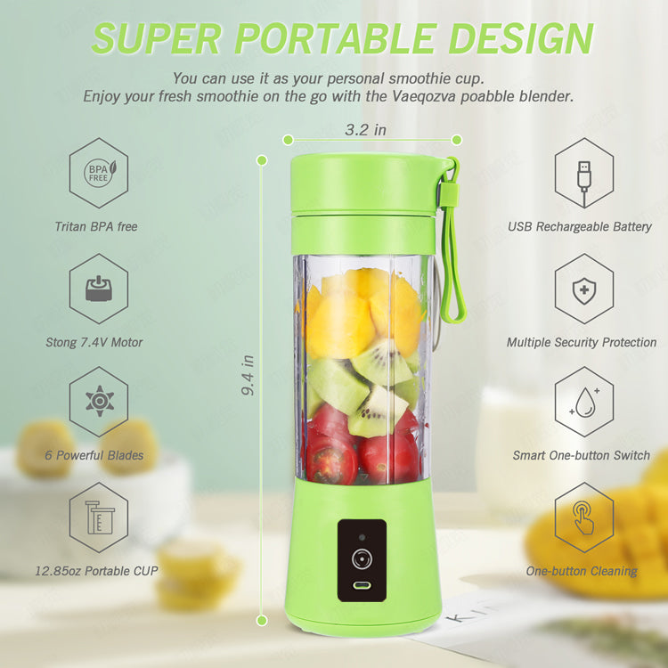 Portable blender Personal 6 Blades Juicer Cup Household Fruit Mixer,With  Magnetic Secure Switch, USB Charger Cable 380ML (Blue)